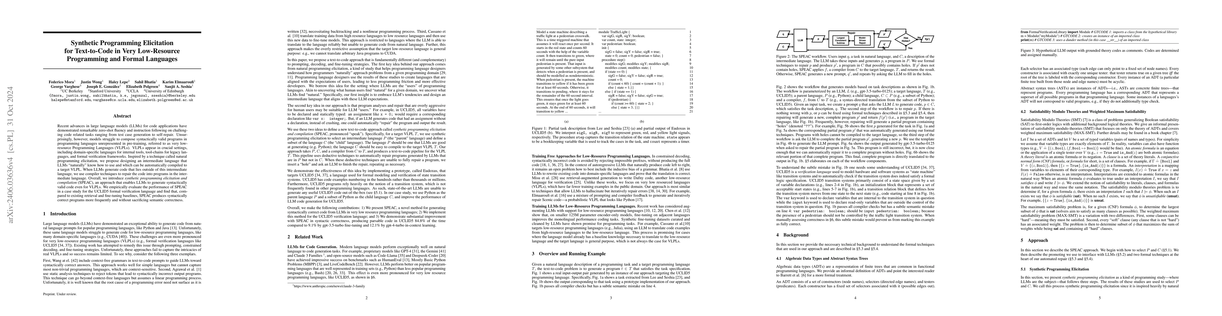 Thumbnail for Synthetic Programming Elicitation and Repair for Text-to-Code in Very
  Low-Resource Programming Languages