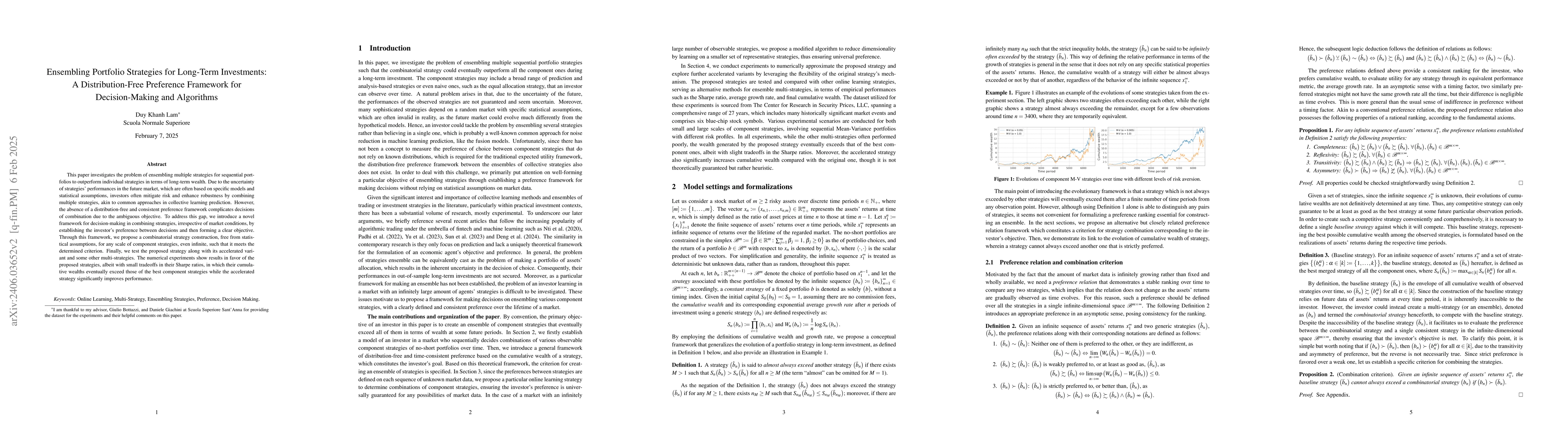 Thumbnail for Ensembling Portfolio Strategies for Long-Term Investments: A
  Distribution-Free Preference Framework for Decision-Making and Algorithms