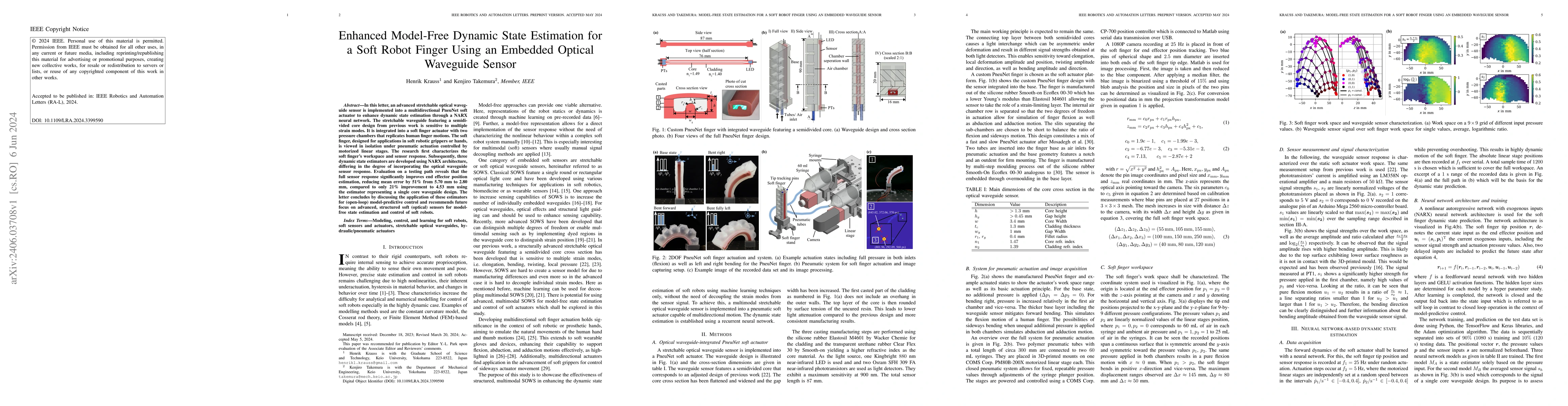 Thumbnail for Enhanced Model-Free Dynamic State Estimation for a Soft Robot Finger
  Using an Embedded Optical Waveguide Sensor