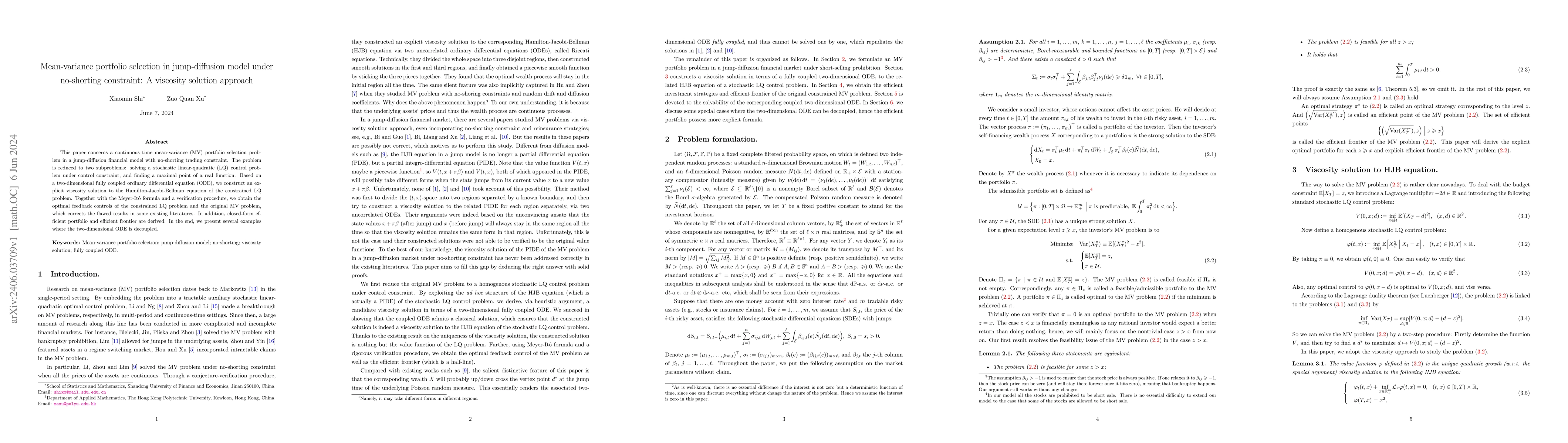 Thumbnail for Mean-variance portfolio selection in jump-diffusion model under
  no-shorting constraint: A viscosity solution approach
