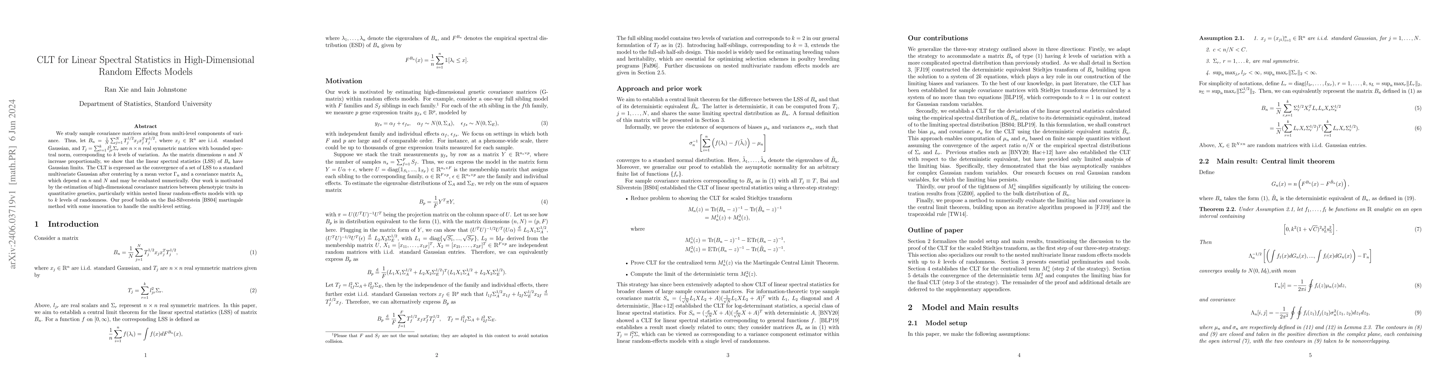 Thumbnail for CLT for Linear Spectral Statistics in High-Dimensional Random Effects
  Models