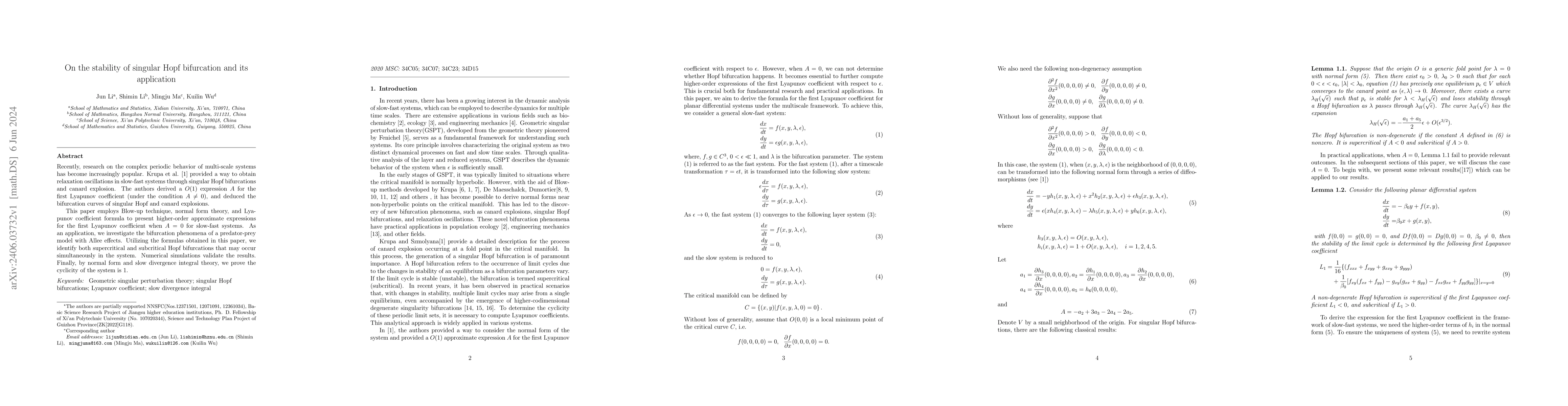Thumbnail for On the stability of singular Hopf bifurcation and its application