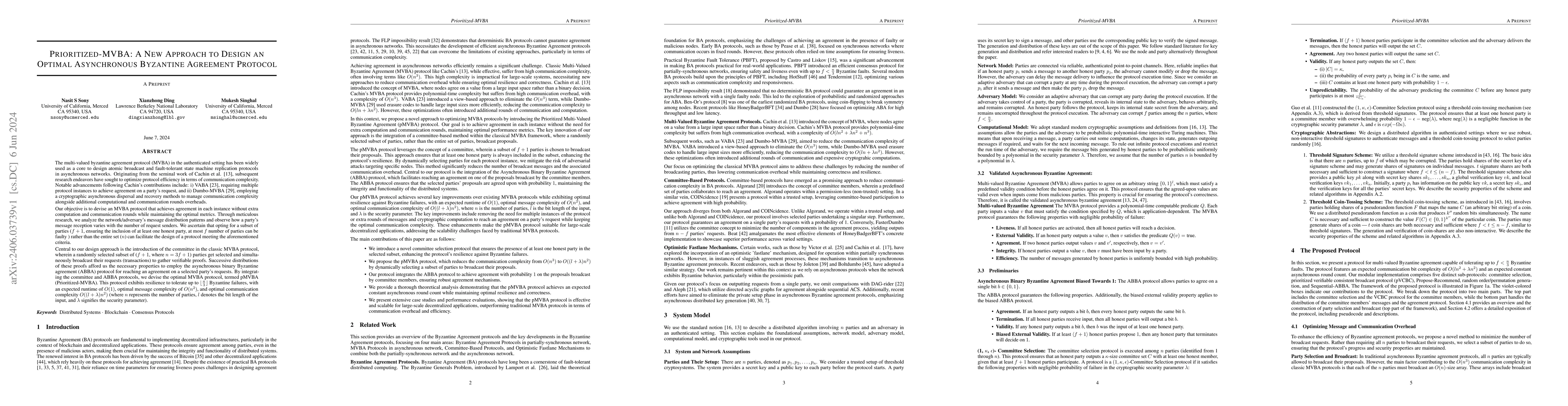 Thumbnail for Prioritized-MVBA: A New Approach to Design an Optimal Asynchronous
  Byzantine Agreement Protocol