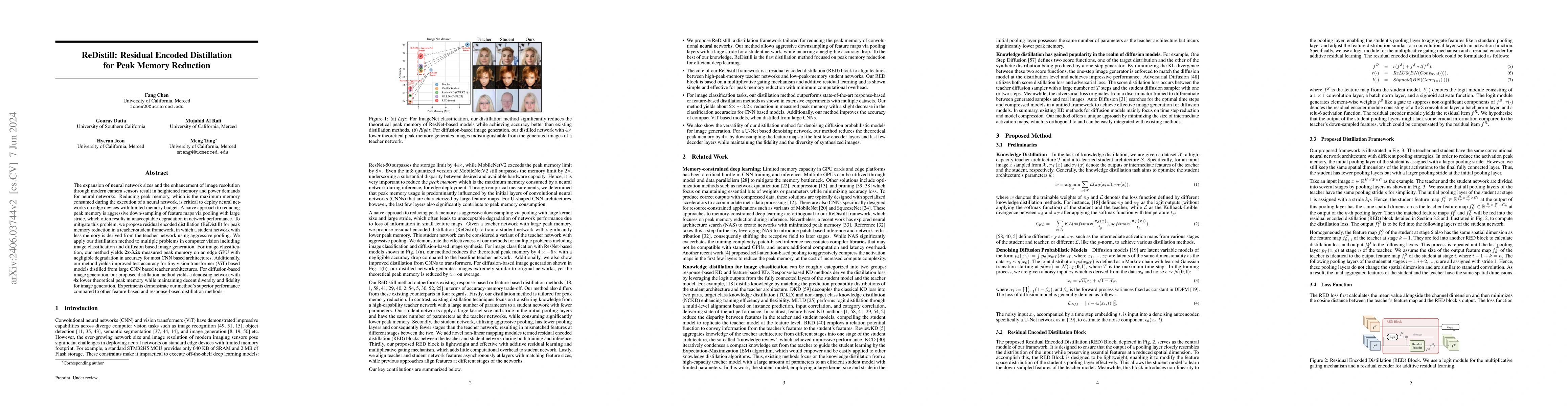 Thumbnail for ReDistill: Residual Encoded Distillation for Peak Memory Reduction