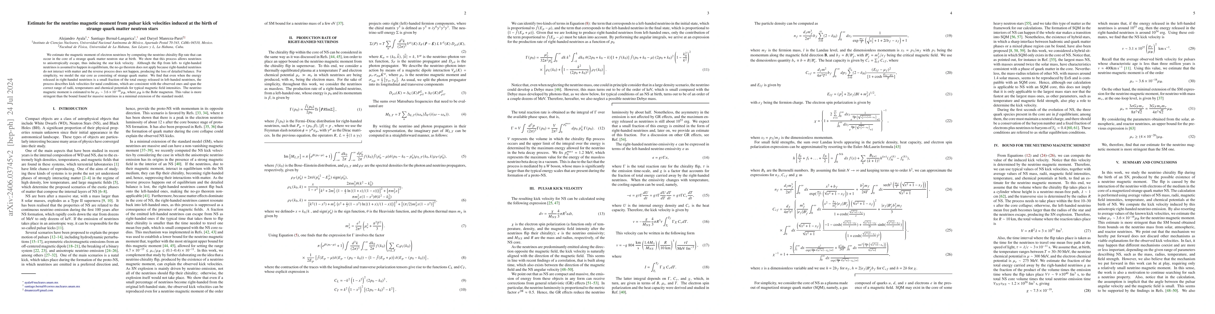 Thumbnail for Estimate for the neutrino magnetic moment from pulsar kick velocities
  induced at the birth of strange quark matter neutron stars