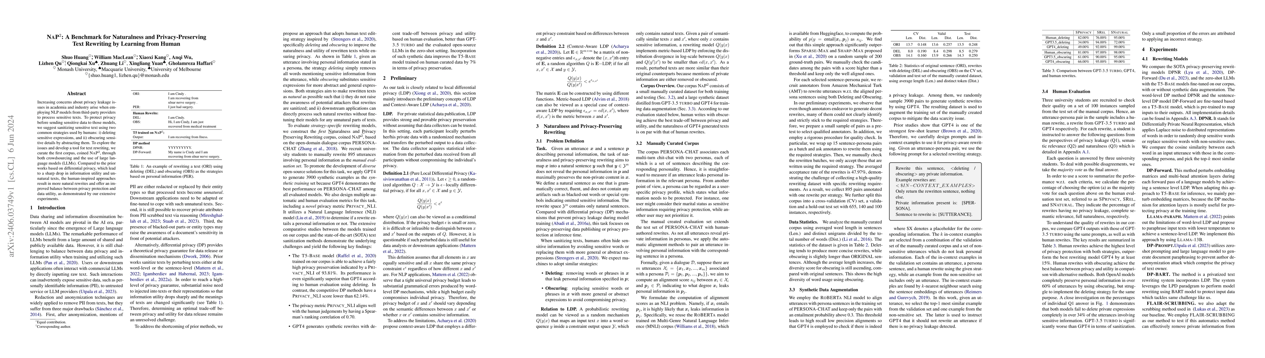 Thumbnail for NAP^2: A Benchmark for Naturalness and Privacy-Preserving Text Rewriting
  by Learning from Human