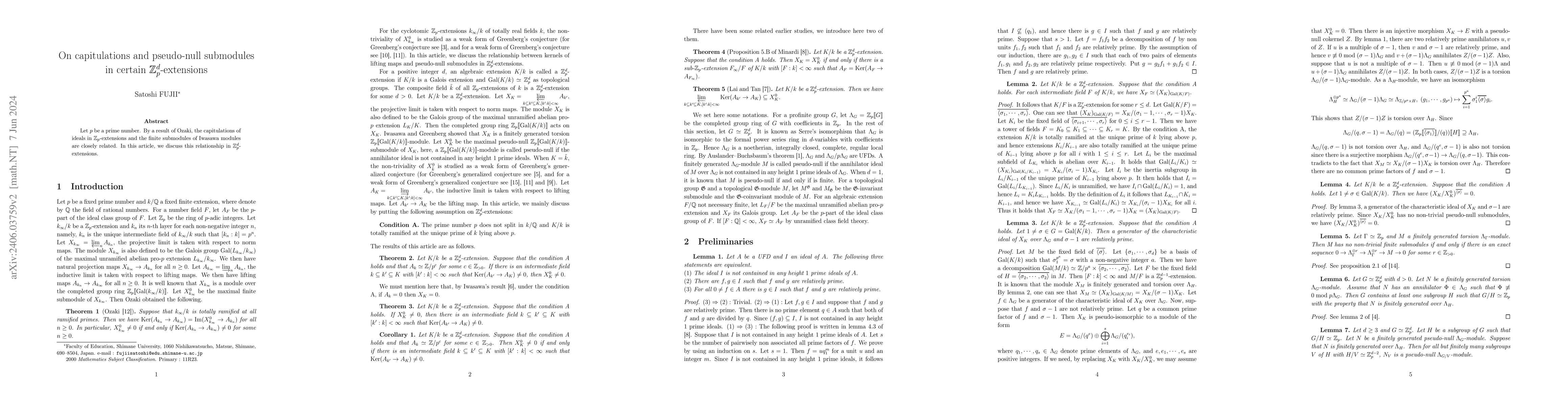 Thumbnail for On capitulations and pseudo-null submodules in certain ${\Bbb
  Z}_p^d$-extensions
