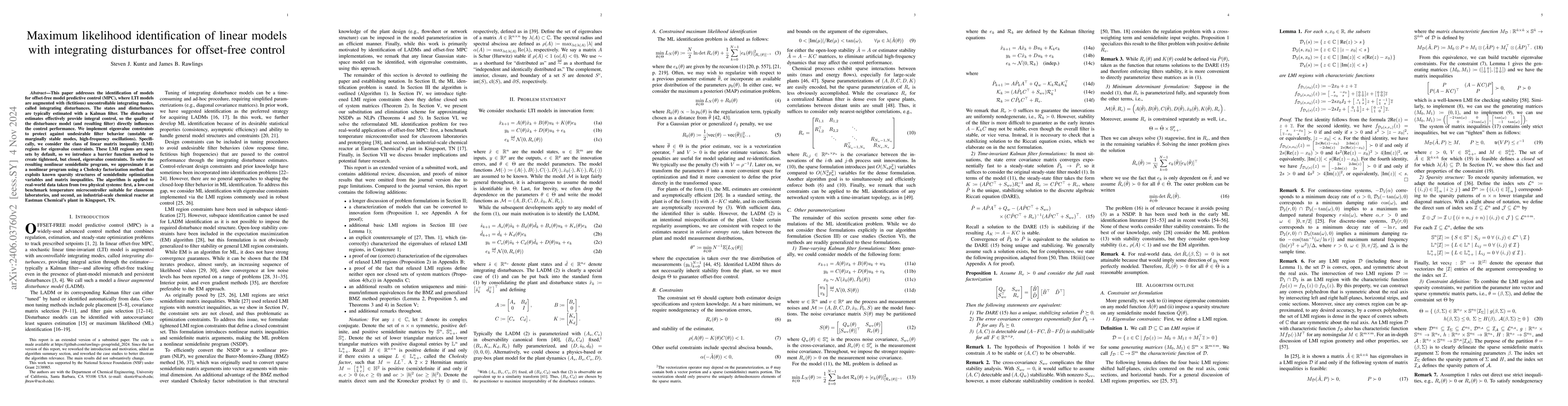 Thumbnail for Maximum Likelihood Identification of Uncontrollable Linear
  Time-Invariant Models for Offset-Free Control