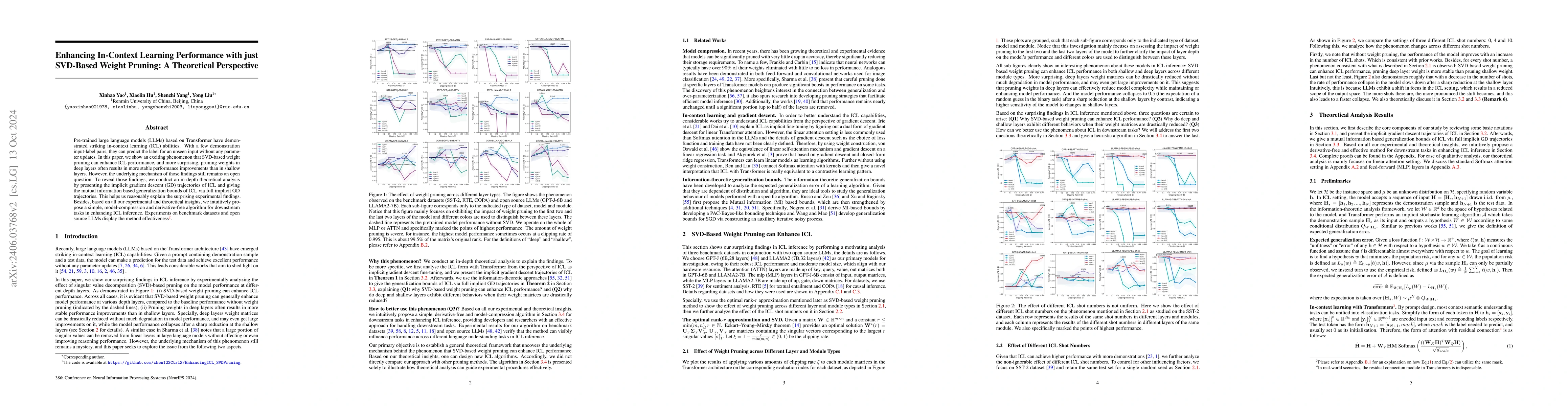 Thumbnail for Enhancing In-Context Learning Performance with just SVD-Based Weight
  Pruning: A Theoretical Perspective