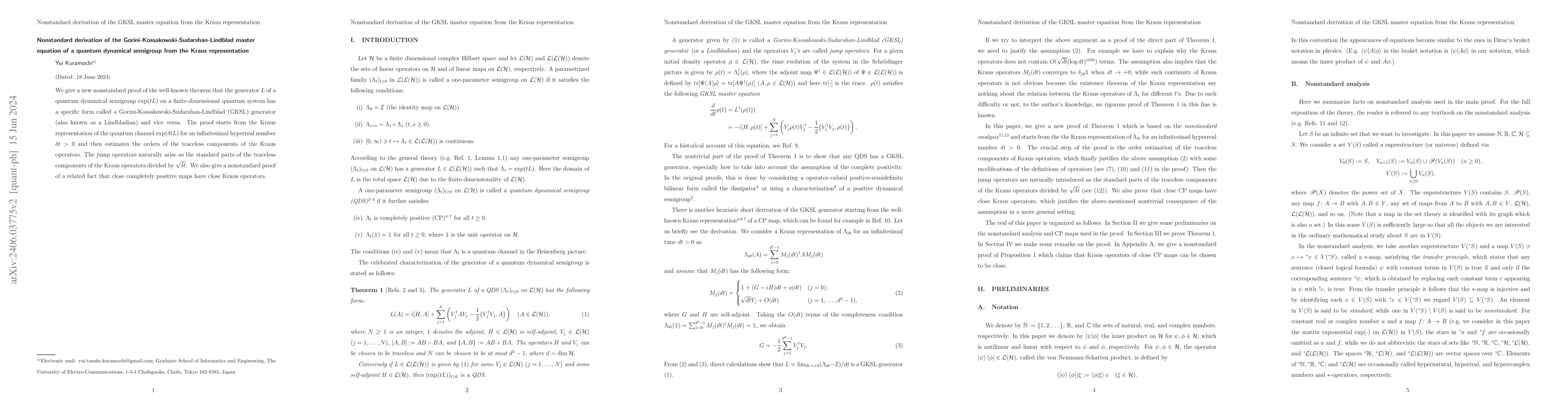 Thumbnail for Nonstandard derivation of the Gorini-Kossakowski-Sudarshan-Lindblad
  master equation of a quantum dynamical semigroup from the Kraus
  representation