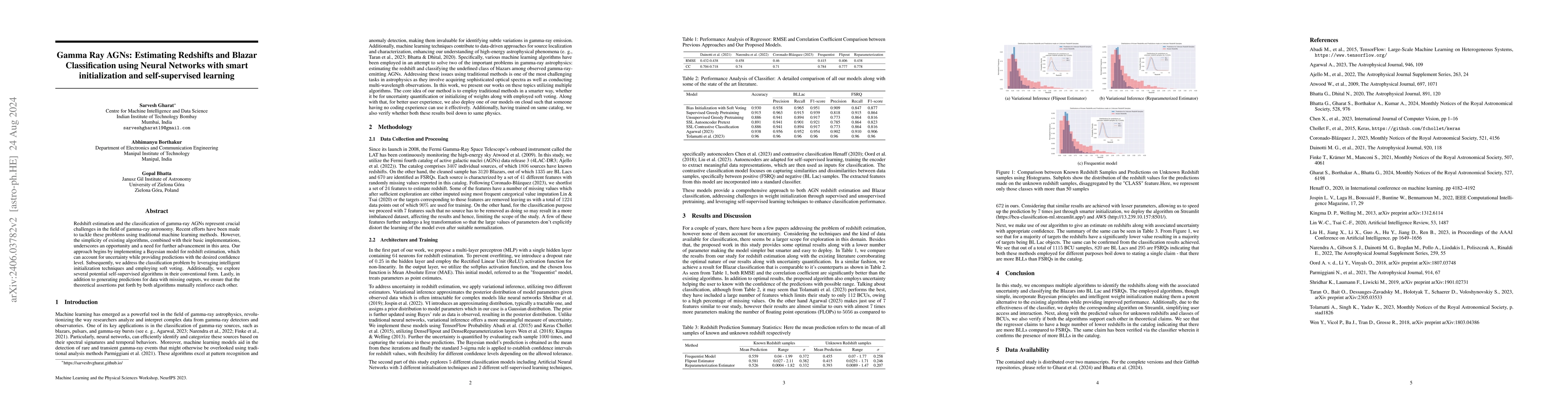 Thumbnail for Gamma Ray AGNs: Estimating Redshifts and Blazar Classification using
  traditional Neural Networks with smart initialization and self-supervised
  learning