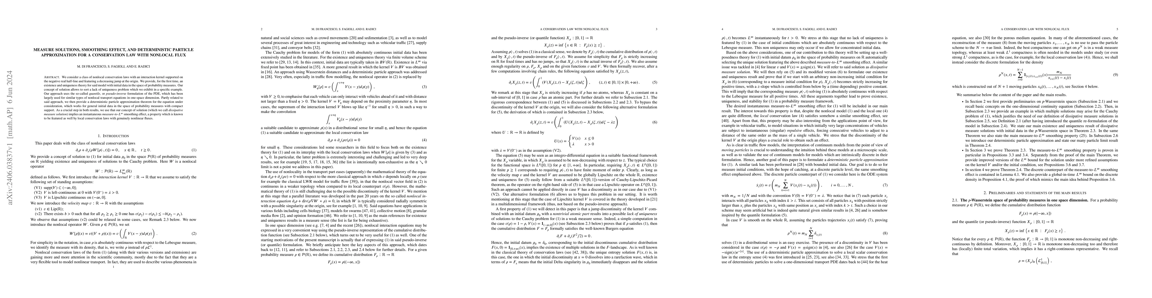 Thumbnail for Measure solutions, smoothing effect, and deterministic particle
  approximation for a conservation law with nonlocal flux