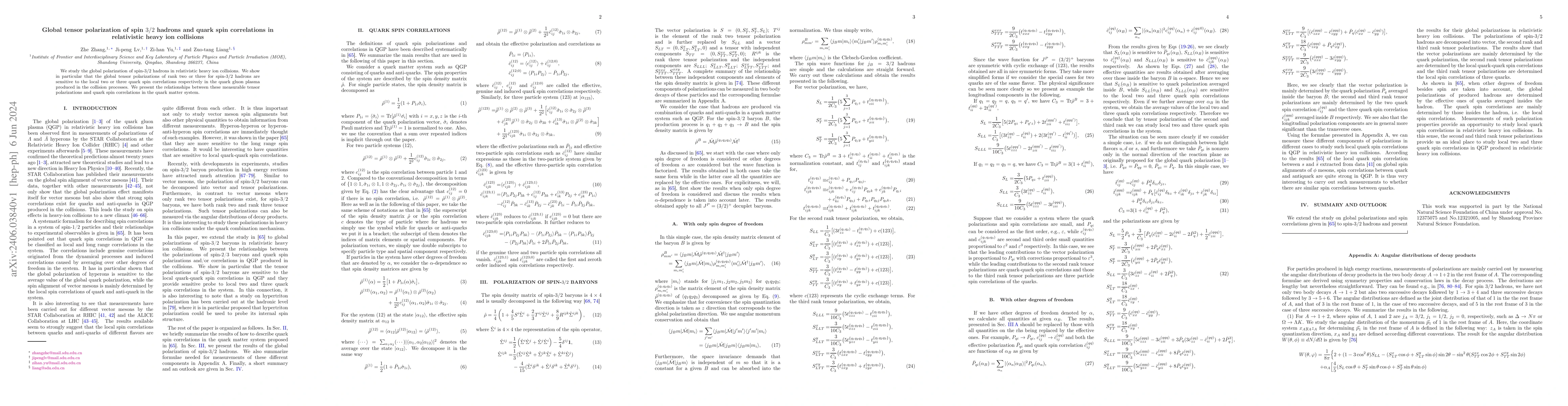 Thumbnail for Global tensor polarization of spin $3/2$ hadrons and quark spin
  correlations in relativistic heavy ion collisions