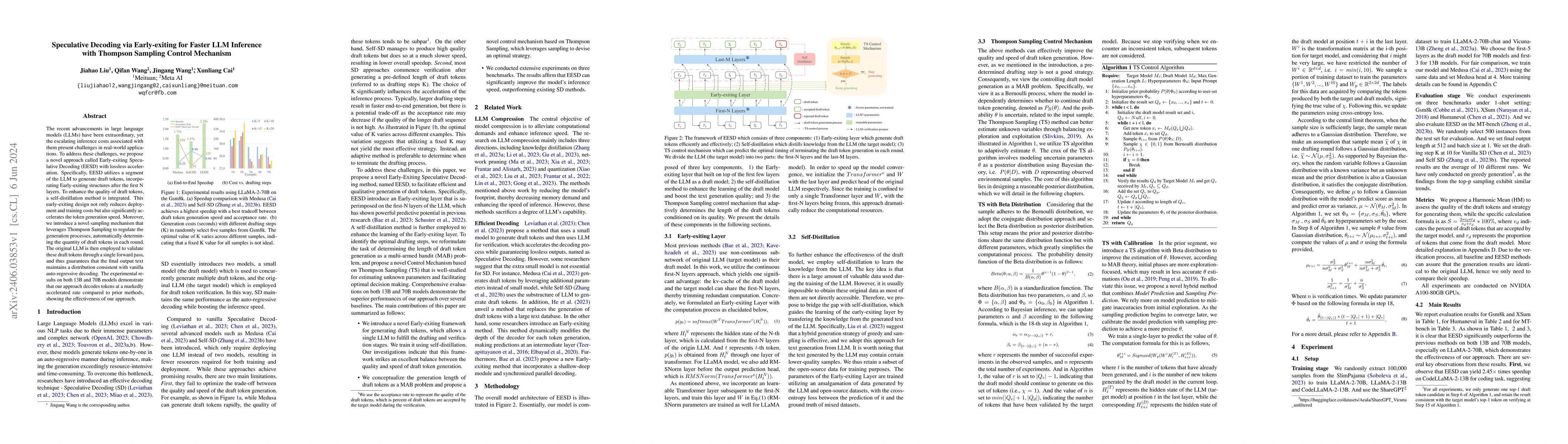 Thumbnail for Speculative Decoding via Early-exiting for Faster LLM Inference with
  Thompson Sampling Control Mechanism