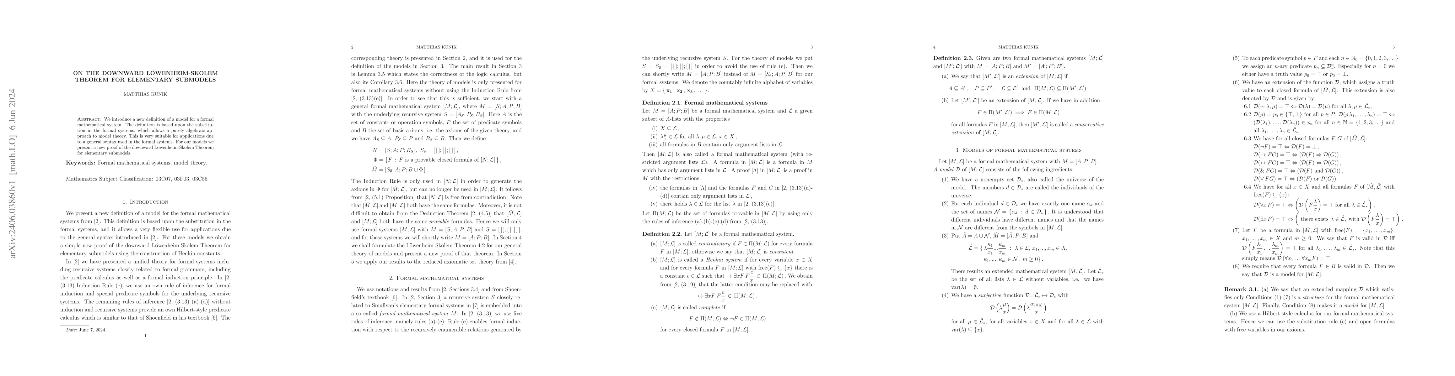 Thumbnail for On the downward L\"owenheim-Skolem Theorem for elementary submodels
