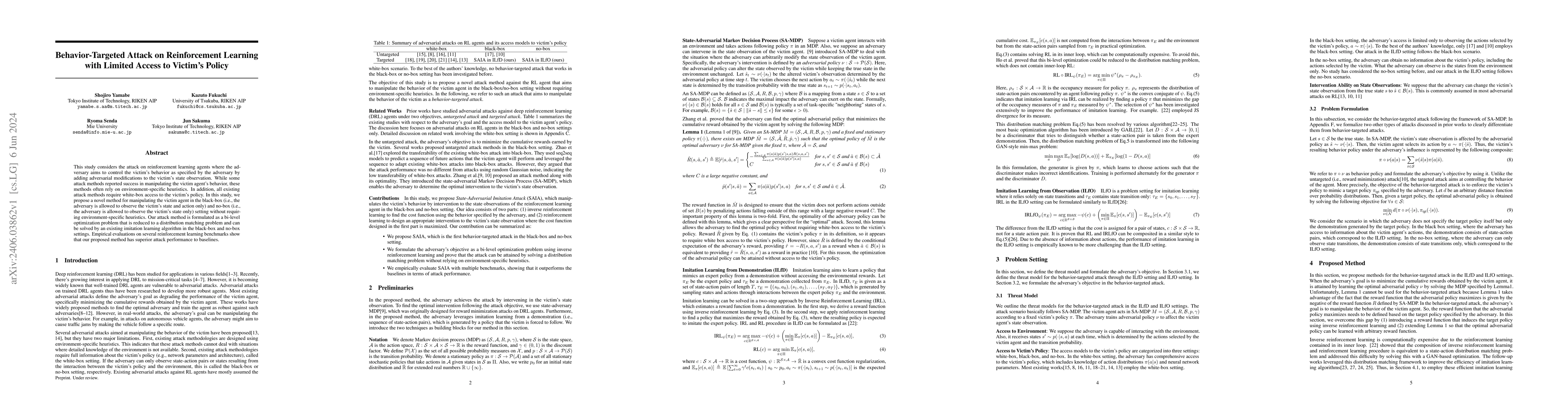 Thumbnail for Behavior-Targeted Attack on Reinforcement Learning with Limited Access
  to Victim's Policy