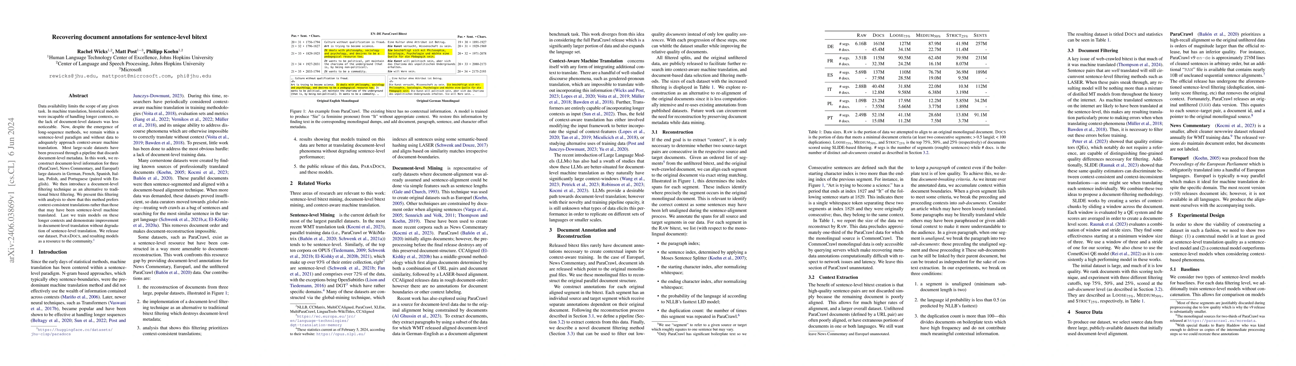 Thumbnail for Recovering document annotations for sentence-level bitext