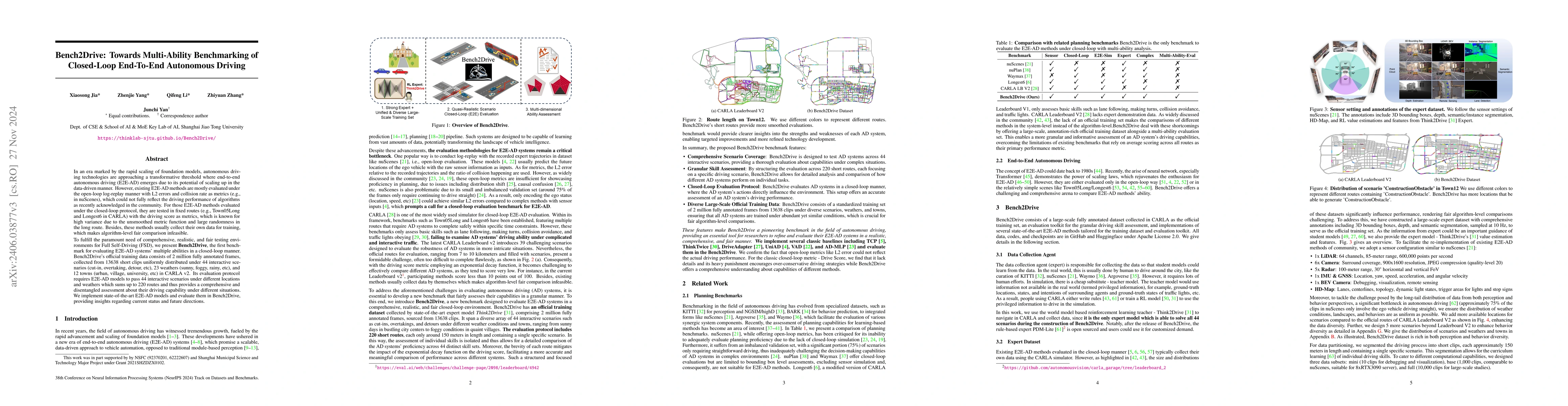 Thumbnail for Bench2Drive: Towards Multi-Ability Benchmarking of Closed-Loop
  End-To-End Autonomous Driving