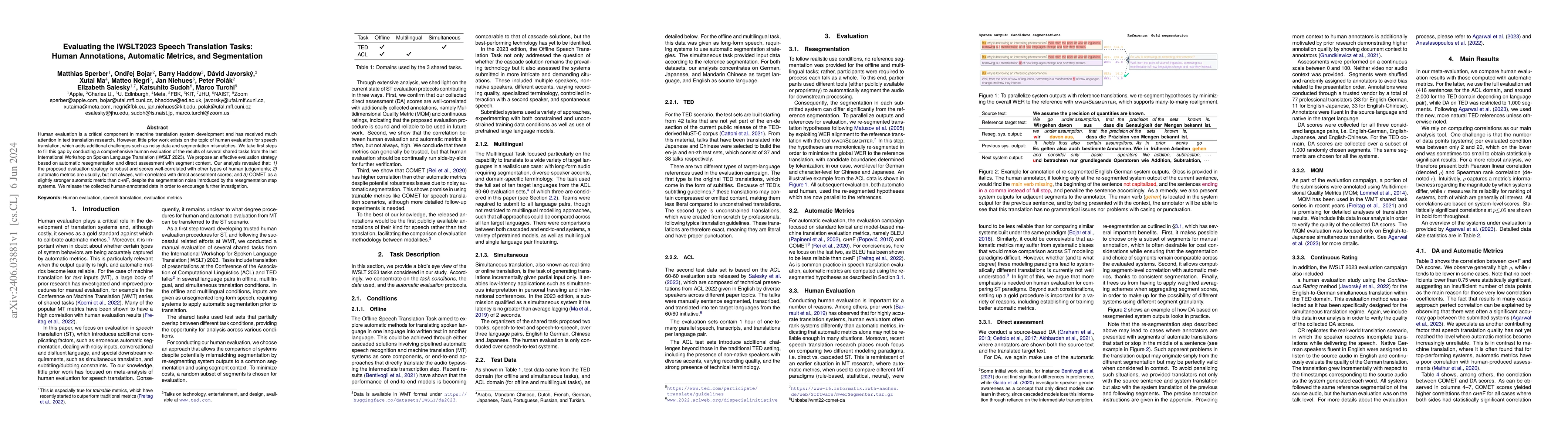 Thumbnail for Evaluating the IWSLT2023 Speech Translation Tasks: Human Annotations,
  Automatic Metrics, and Segmentation