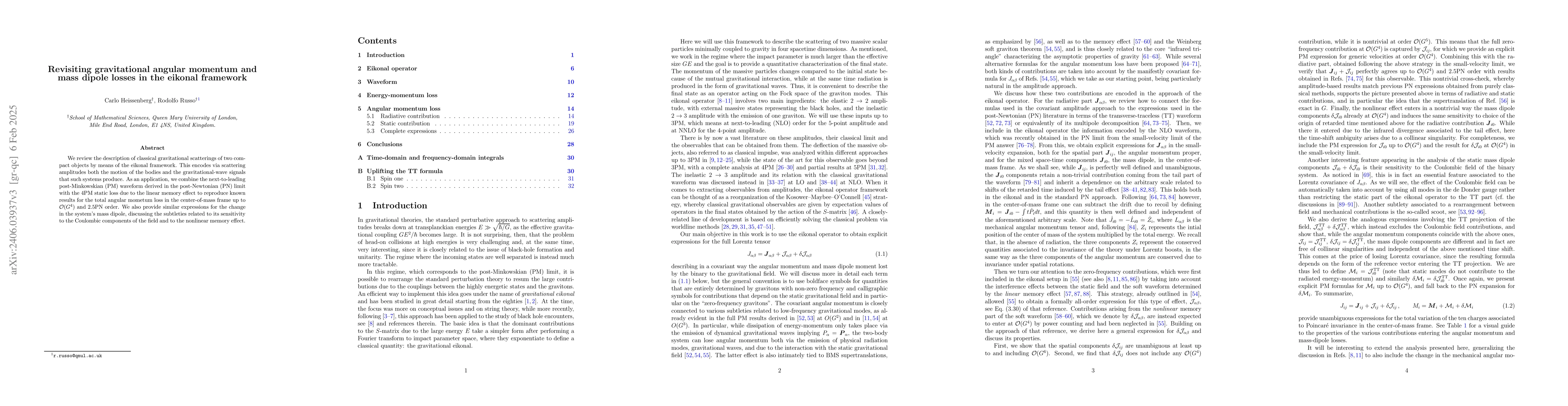 Thumbnail for Revisiting gravitational angular momentum and mass dipole losses in the
  eikonal framework