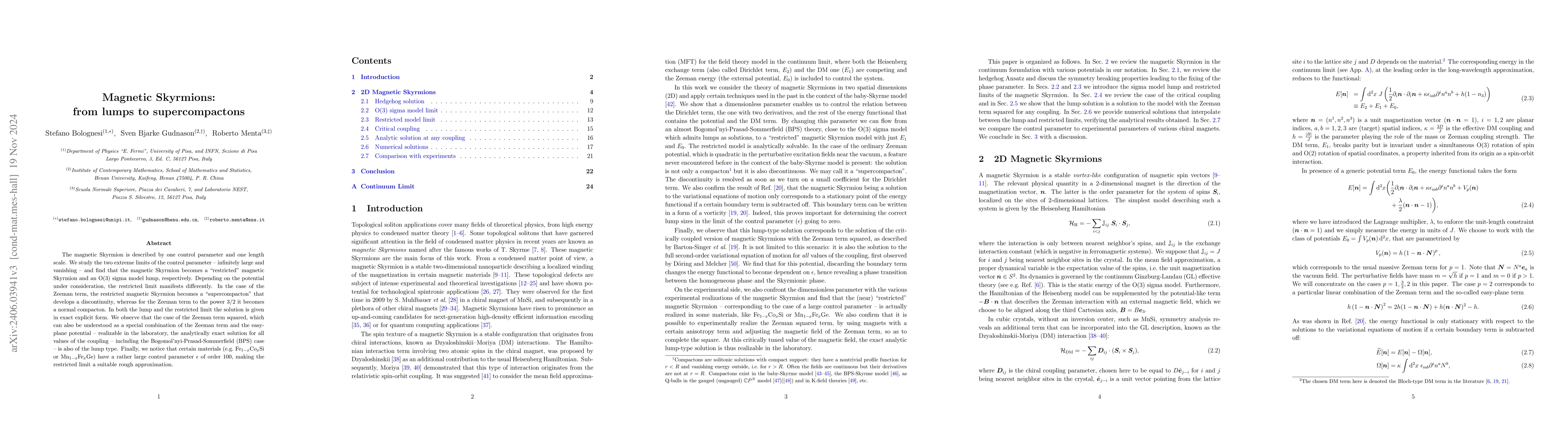 Thumbnail for Magnetic Skyrmions: from lumps to supercompactons