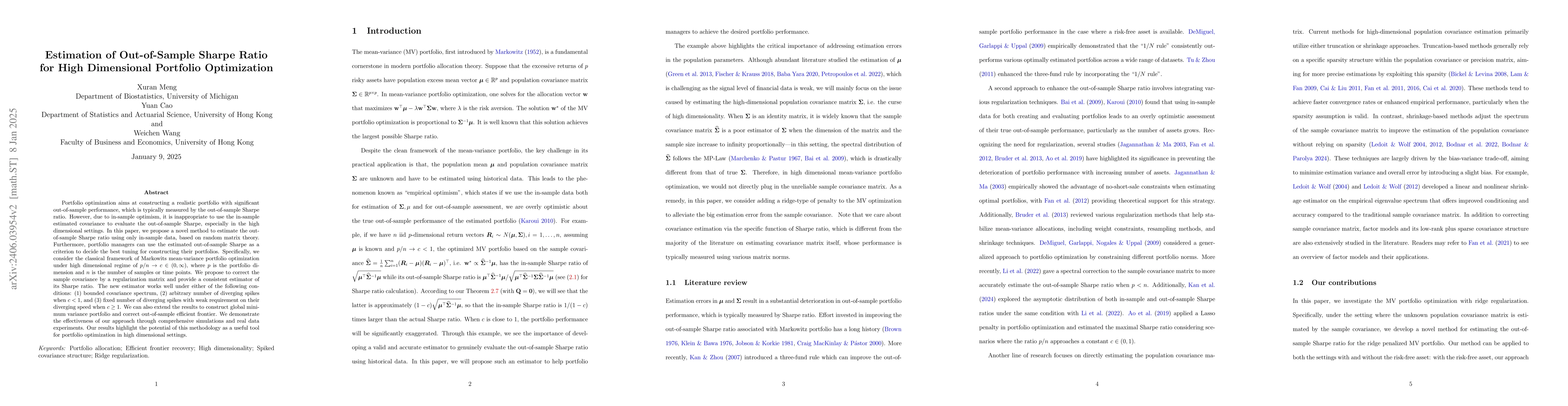 Thumbnail for Estimation of Out-of-Sample Sharpe Ratio for High Dimensional Portfolio
  Optimization
