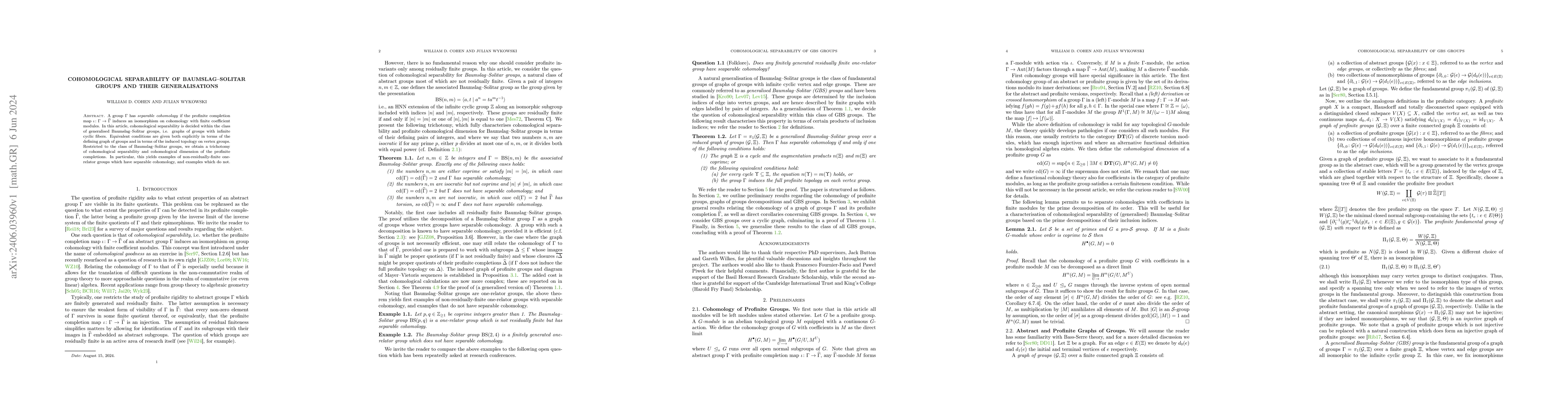 Thumbnail for Cohomological Separability of Baumslag--Solitar groups and Their
  Generalisations