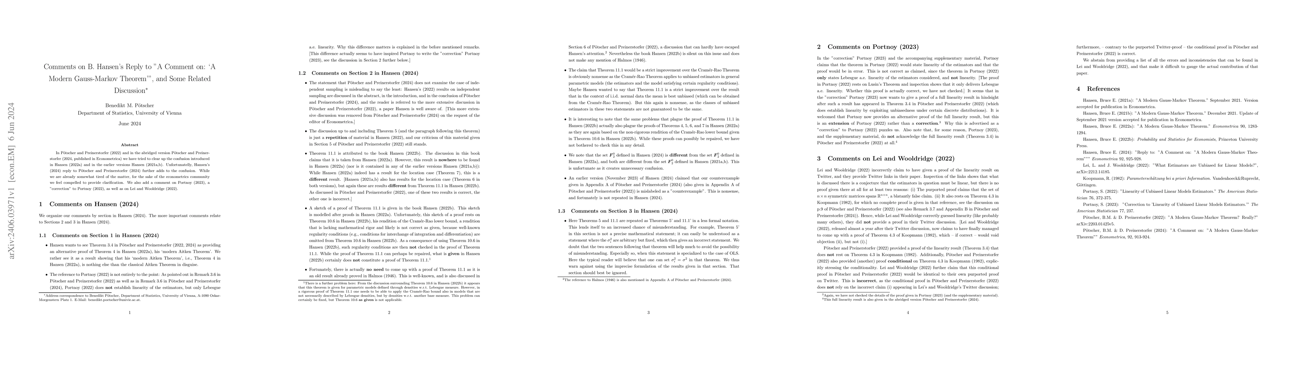 Thumbnail for Comments on B. Hansen's Reply to "A Comment on: `A Modern Gauss-Markov
  Theorem'", and Some Related Discussion