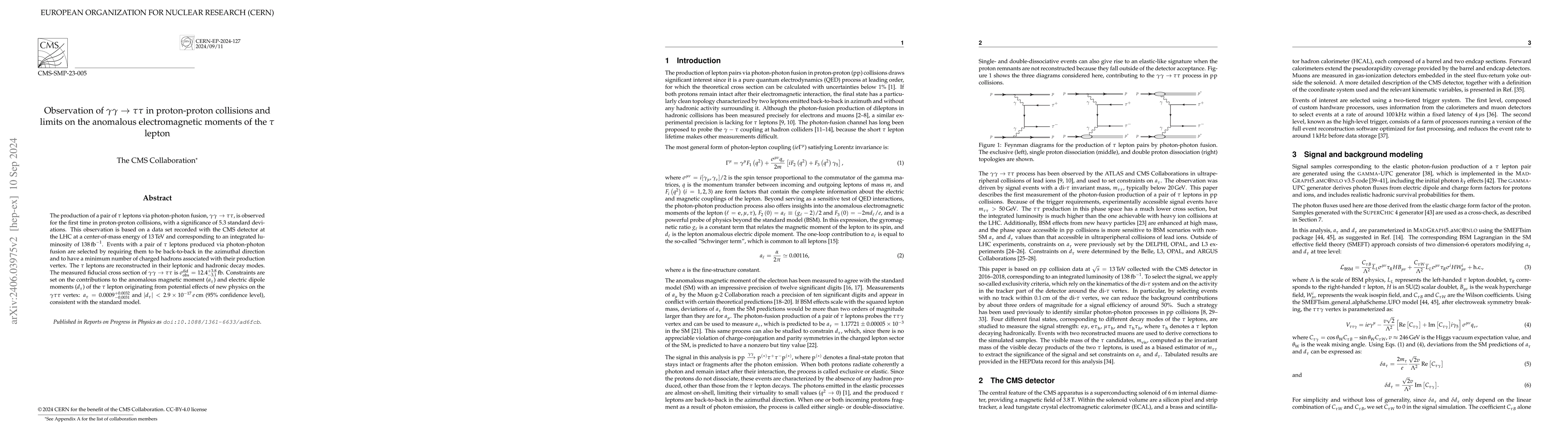 Thumbnail for Observation of $\gamma\gamma\to\tau\tau$ in proton-proton collisions and
  limits on the anomalous electromagnetic moments of the $\tau$ lepton