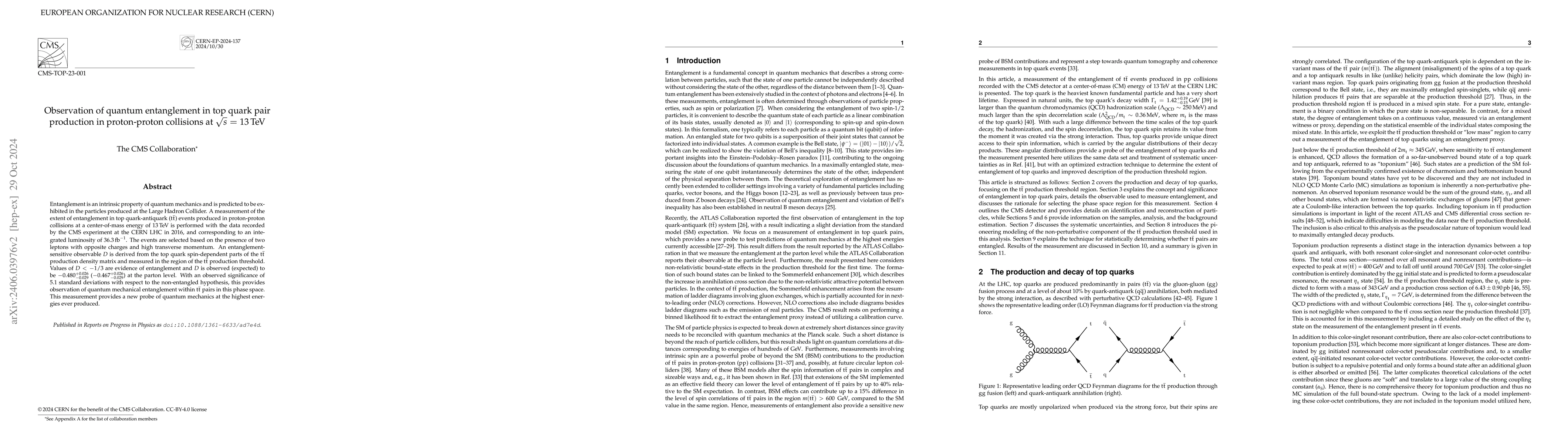 Thumbnail for Observation of quantum entanglement in top quark pair production in
  proton-proton collisions at $\sqrt{s}$ = 13 TeV