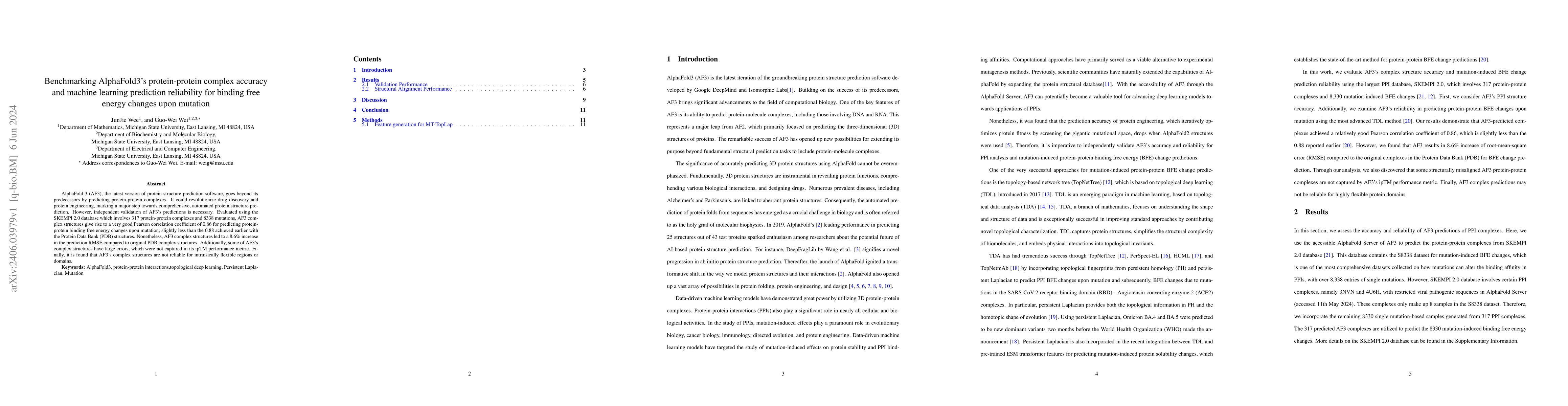 Thumbnail for Benchmarking AlphaFold3's protein-protein complex accuracy and machine
  learning prediction reliability for binding free energy changes upon mutation