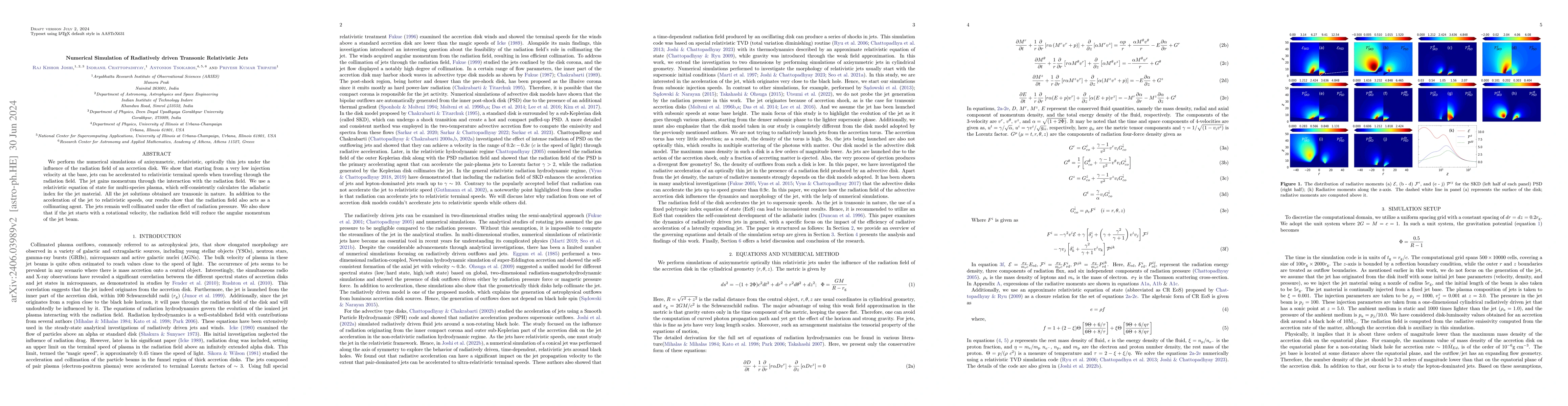 Thumbnail for Numerical Simulation of Radiatively driven Transonic Relativistic Jets