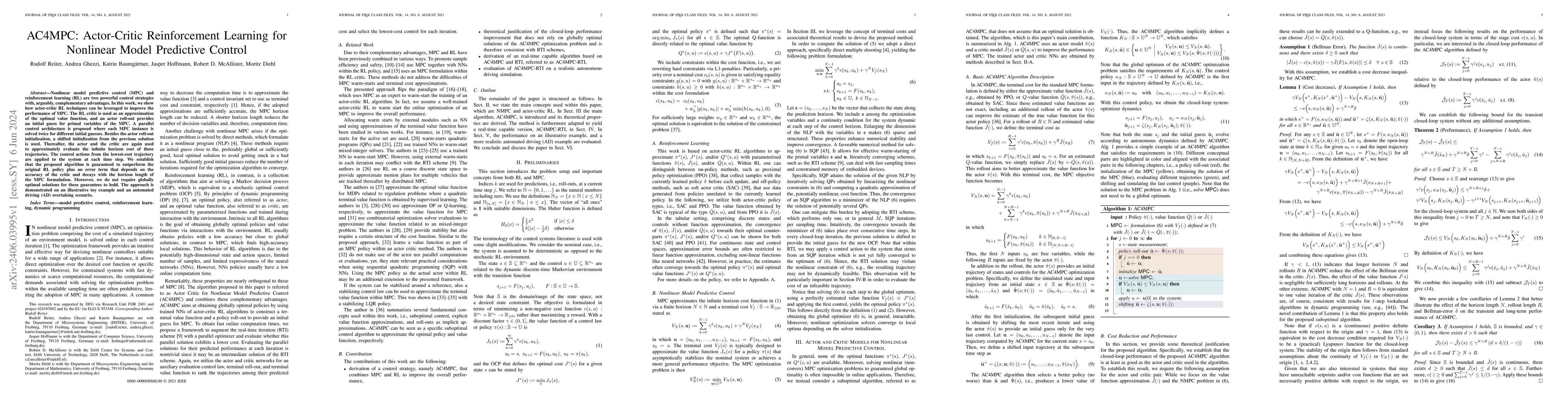 Thumbnail for AC4MPC: Actor-Critic Reinforcement Learning for Nonlinear Model
  Predictive Control