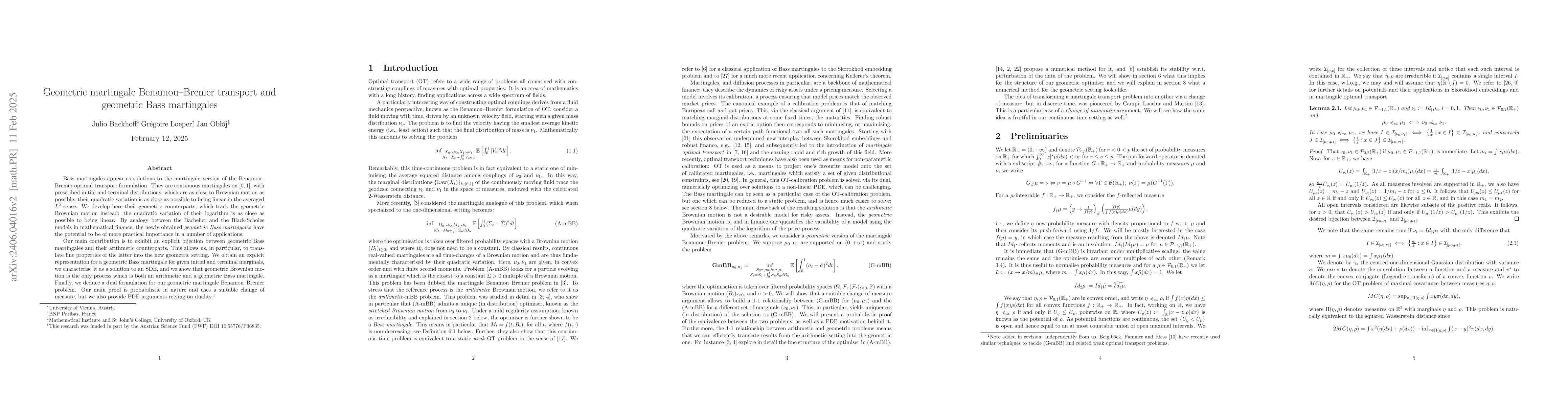 Thumbnail for Geometric Martingale Benamou-Brenier transport and geometric Bass
  martingales