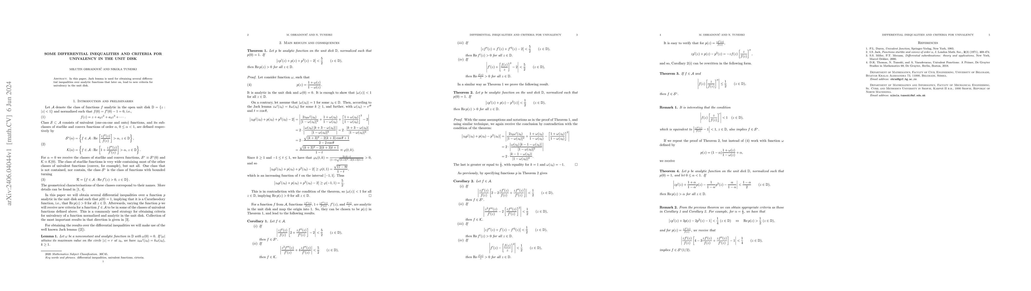 Thumbnail for Some differential inequalities and criteria for univalency in the unit
  disk