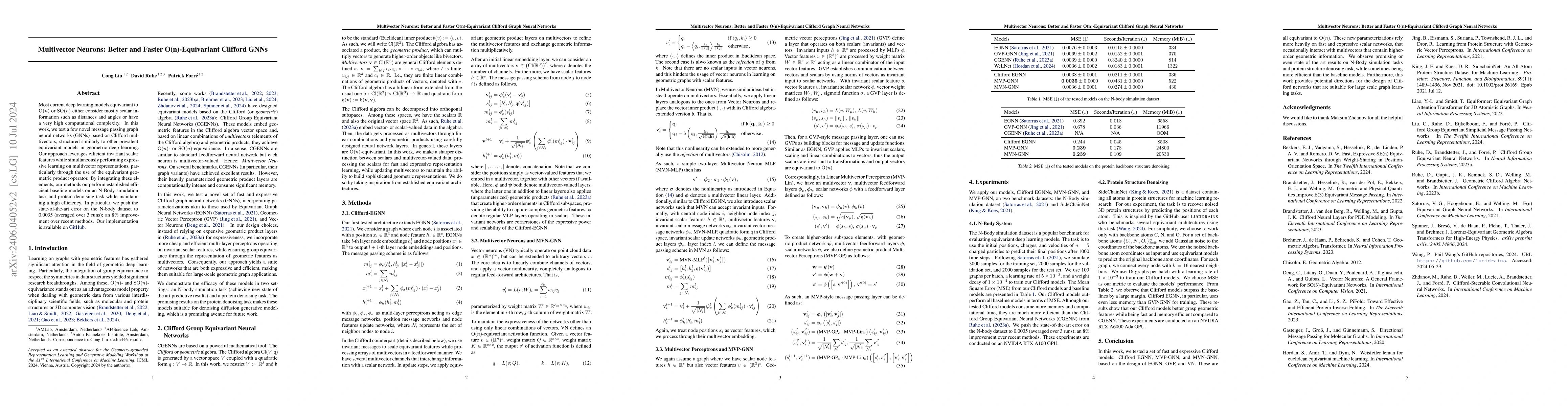 Thumbnail for Multivector Neurons: Better and Faster O(n)-Equivariant Clifford Graph
  Neural Networks