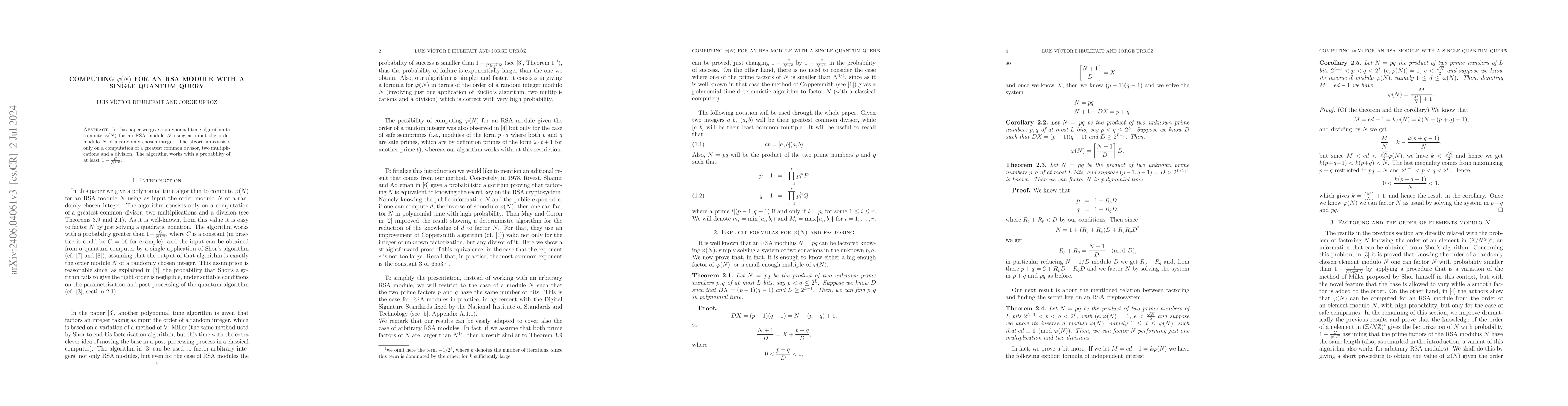 Thumbnail for Computing $\varphi(N)$ for an RSA module with a single quantum query