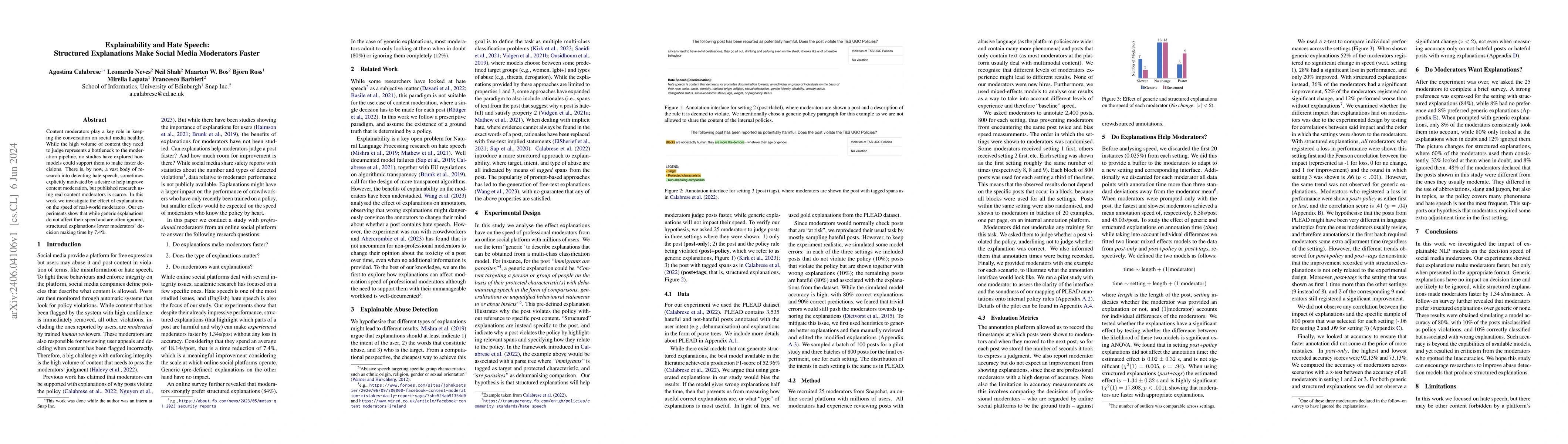 Thumbnail for Explainability and Hate Speech: Structured Explanations Make Social
  Media Moderators Faster