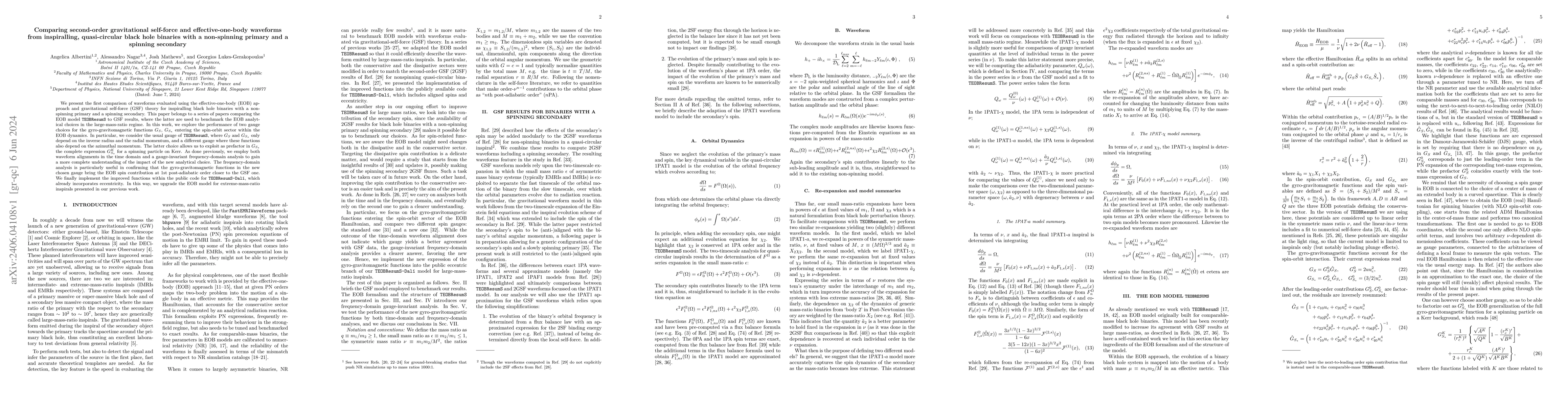 Thumbnail for Comparing second-order gravitational self-force and effective-one-body
  waveforms from inspiralling, quasi-circular black hole binaries with a
  non-spinning primary and a spinning secondary