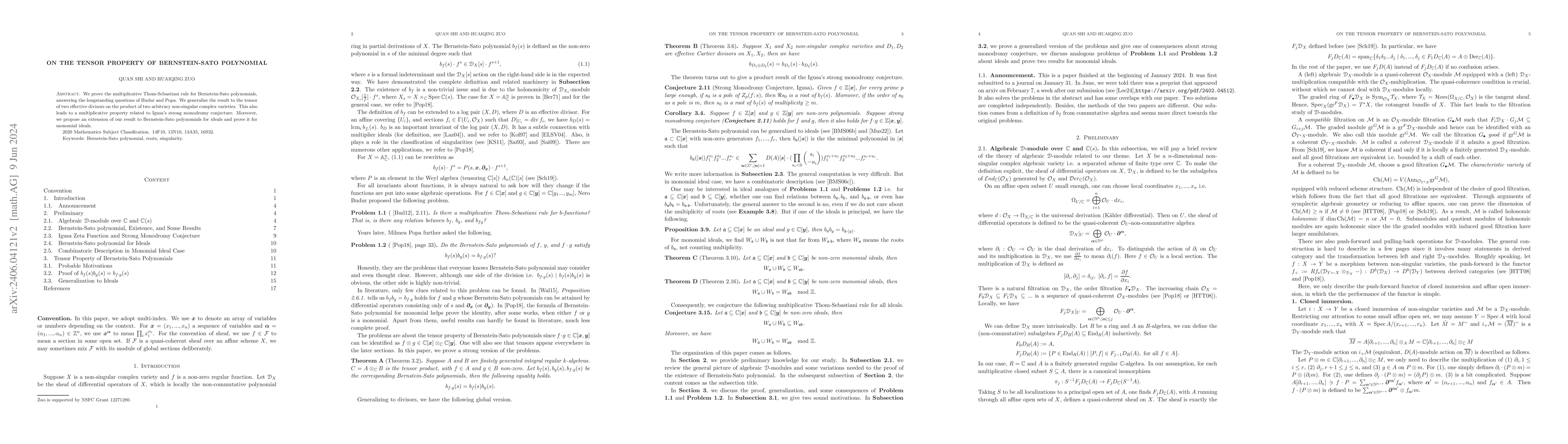 Thumbnail for On the Tensor Property of Bernstein-Sato Polynomial