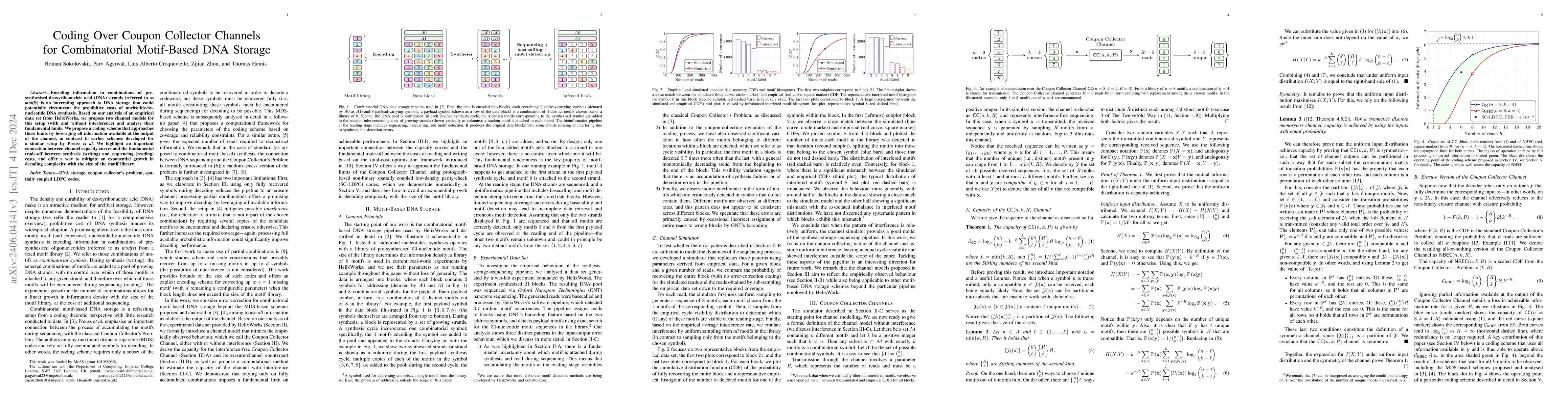 Thumbnail for Coding Over Coupon Collector Channels for Combinatorial Motif-Based DNA
  Storage