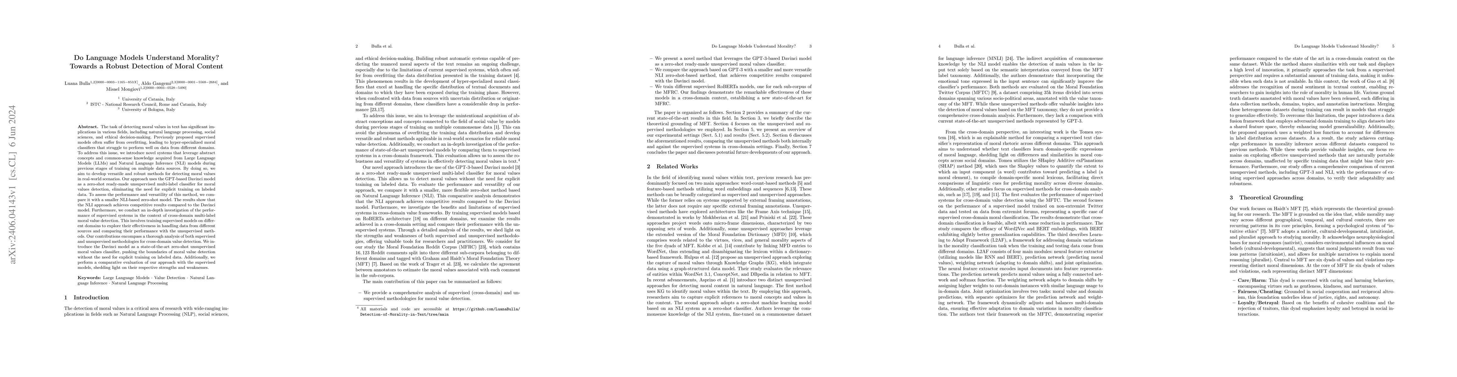 Thumbnail for Do Language Models Understand Morality? Towards a Robust Detection of
  Moral Content