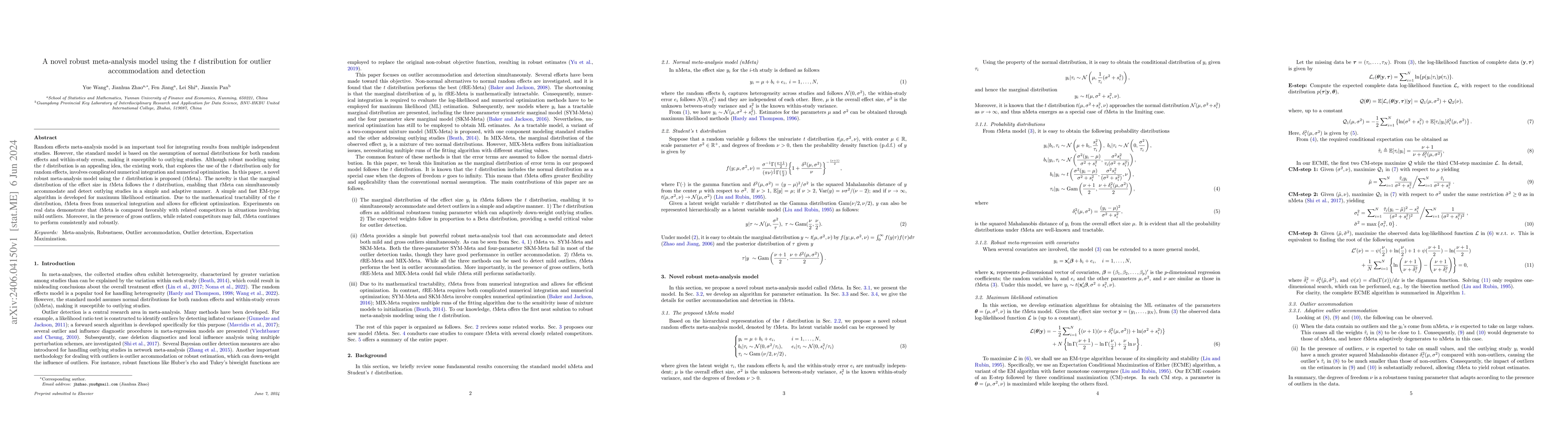 Thumbnail for A novel robust meta-analysis model using the $t$ distribution for
  outlier accommodation and detection