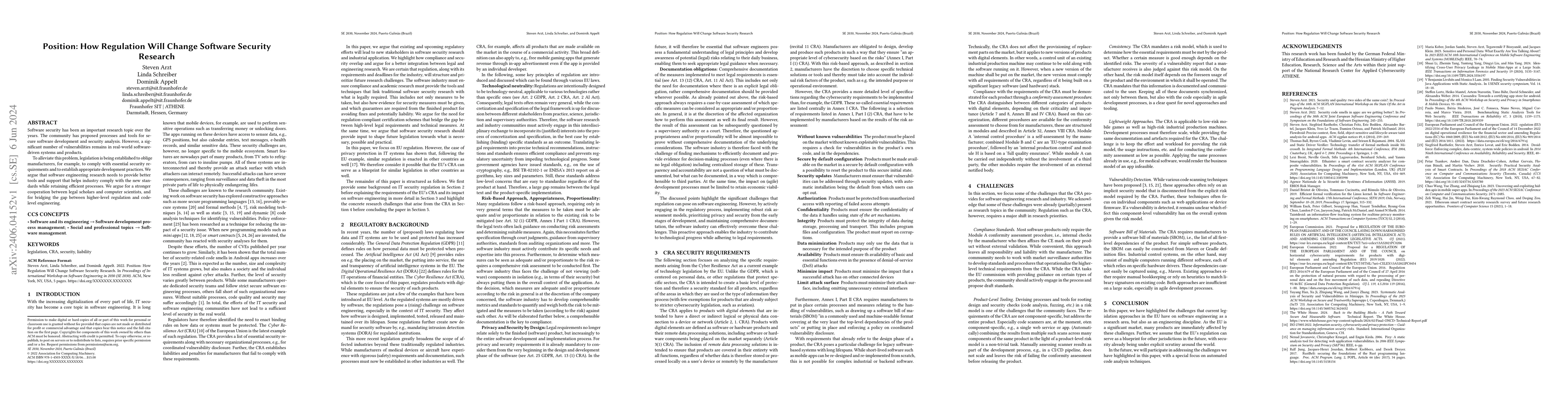 Thumbnail for Position: How Regulation Will Change Software Security Research