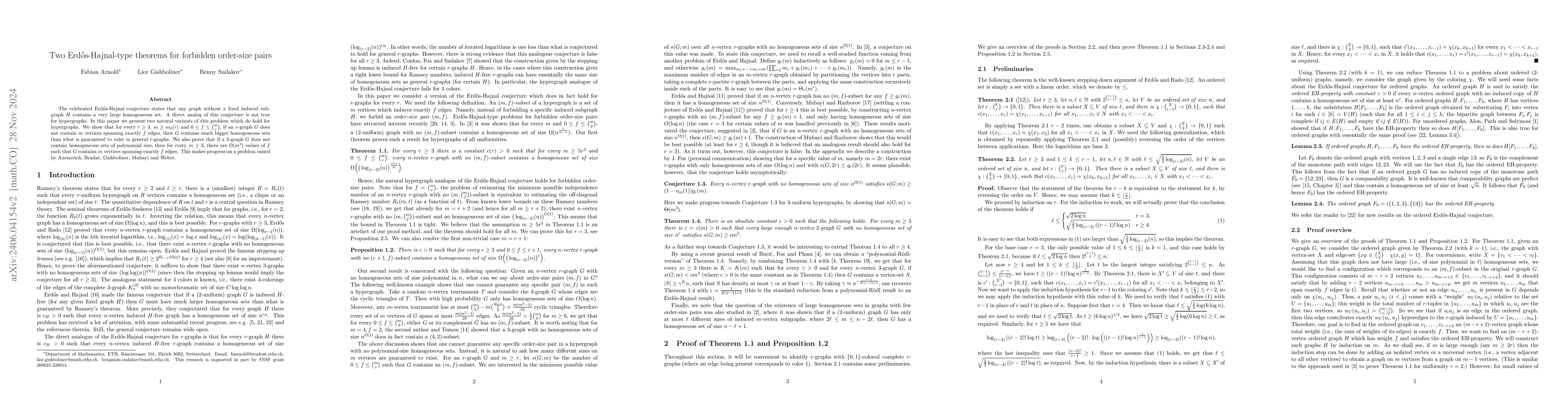 Thumbnail for Two Erd\H{o}s-Hajnal-type theorems for forbidden order-size pairs