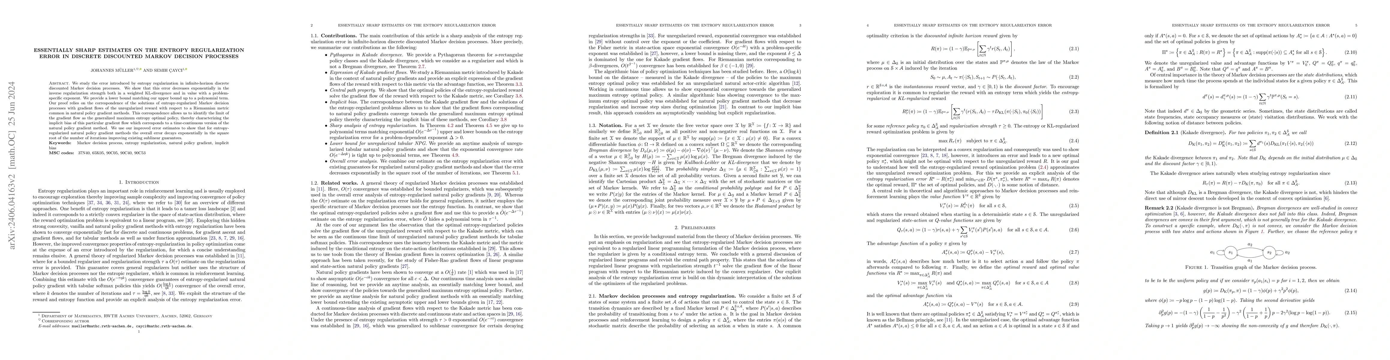 Thumbnail for Essentially Sharp Estimates on the Entropy Regularization Error in
  Discrete Discounted Markov Decision Processes