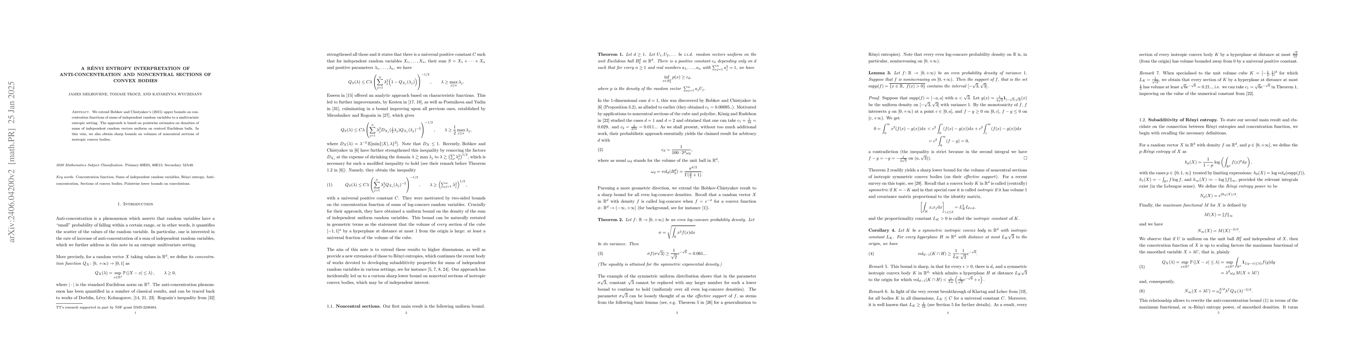 Thumbnail for A R\'enyi entropy interpretation of anti-concentration and noncentral
  sections of convex bodies
