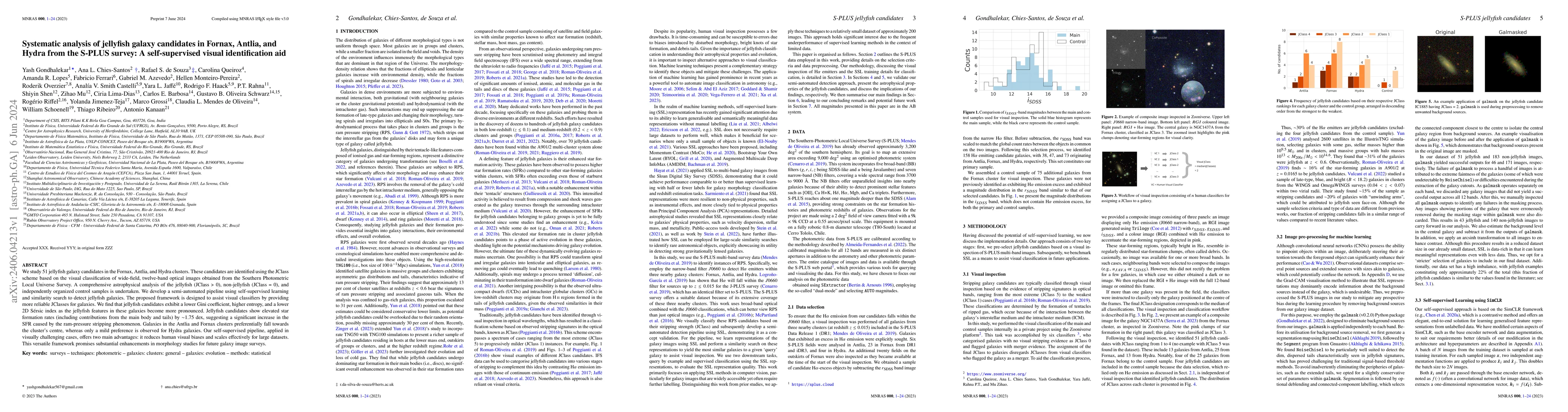 Thumbnail for Systematic analysis of jellyfish galaxy candidates in Fornax, Antlia,
  and Hydra from the S-PLUS survey: A self-supervised visual identification aid