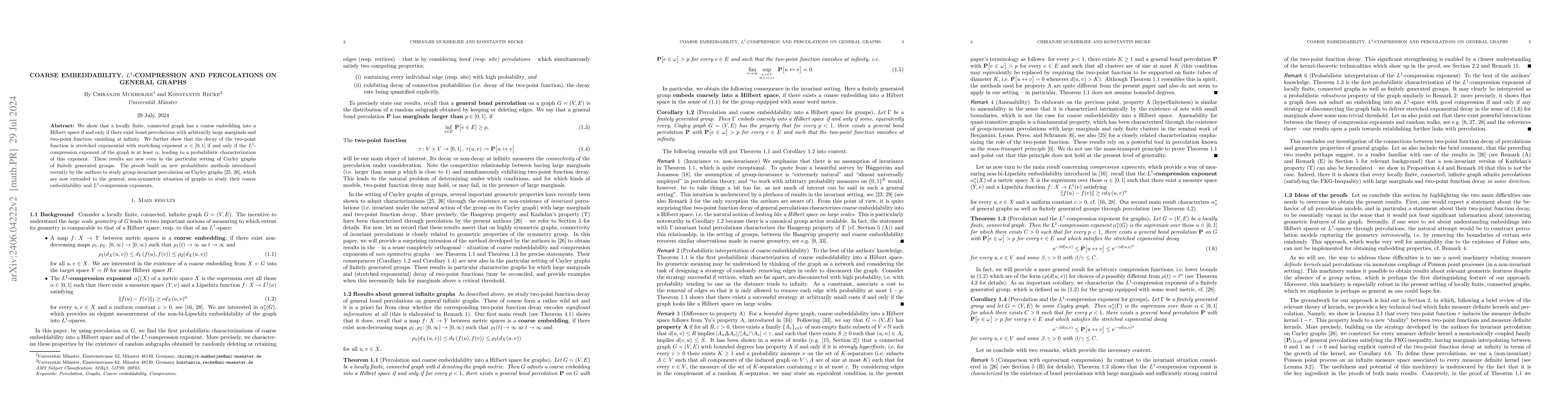 Thumbnail for Coarse embeddability, $L^1$-compression and Percolations on General
  Graphs