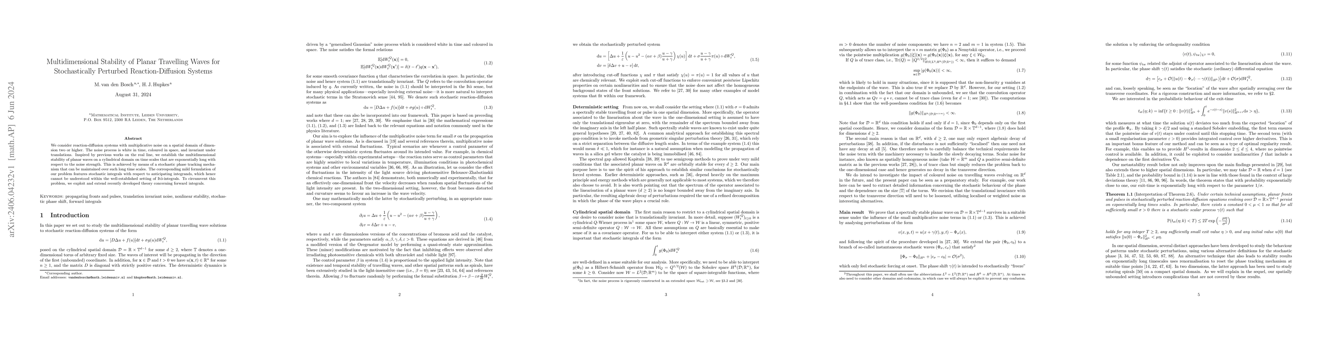 Thumbnail for Multidimensional Stability of Planar Travelling Waves for Stochastically
  Perturbed Reaction-Diffusion Systems